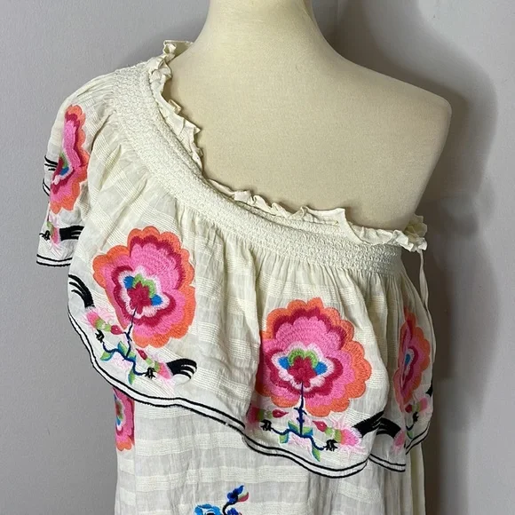 ANTHROPOLOGIE White Floral Embroidered Pullover One Shoulder Maxi Dress M - Picture 8 of 12
